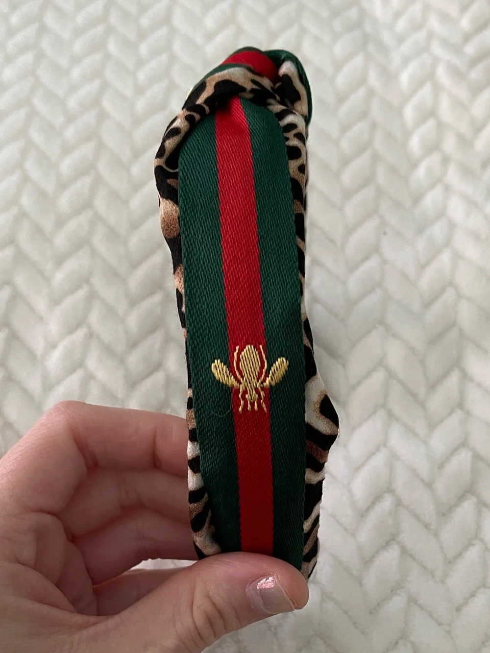 Leopard Print Knotted Headband with Green and Red Stripe
